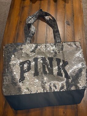 PINK Victoria's Secret Silver Sequin Tote with Black Base